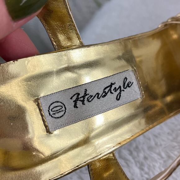 HERSTYLE Gold Metallic Stappy Faux Leather Caressa High Heel Y2K Sandals Sz 10 - Picture 10 of 14